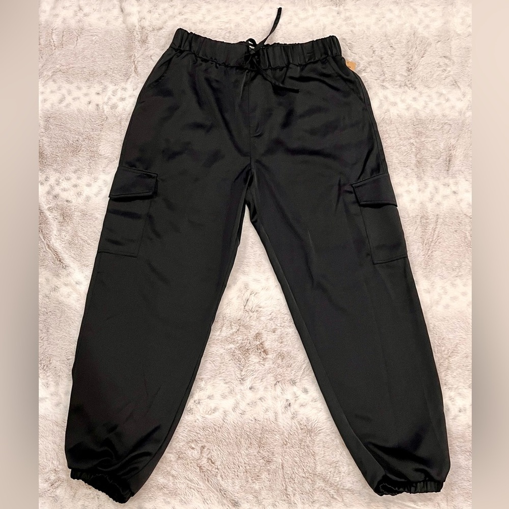 Madden Nyc Elegant Black Satin Cargo Jogger Pants